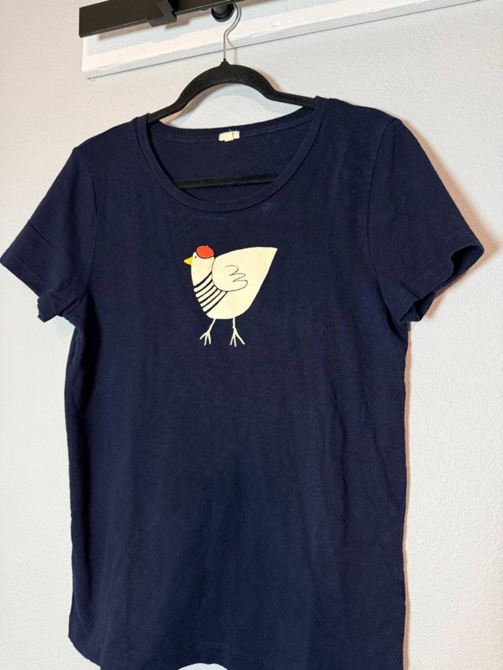 J. Crew French Hen Women's Graphic T-Shirt Size Large Navy Blue Chicken France - Picture 2 of 7